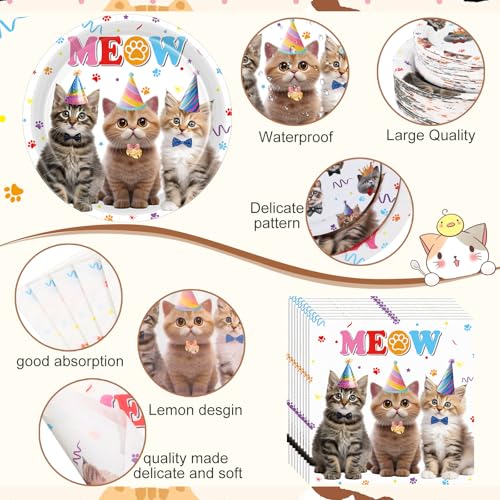 Image of Funnymoom 452 Pcs Cat Birthday Party Decorations for 50 Guests, Cat Paper Plates Napkins Cups Tablecloth Cutlery Straws Disposable Tableware Set for Kitten Lover Birthday Party Supplies