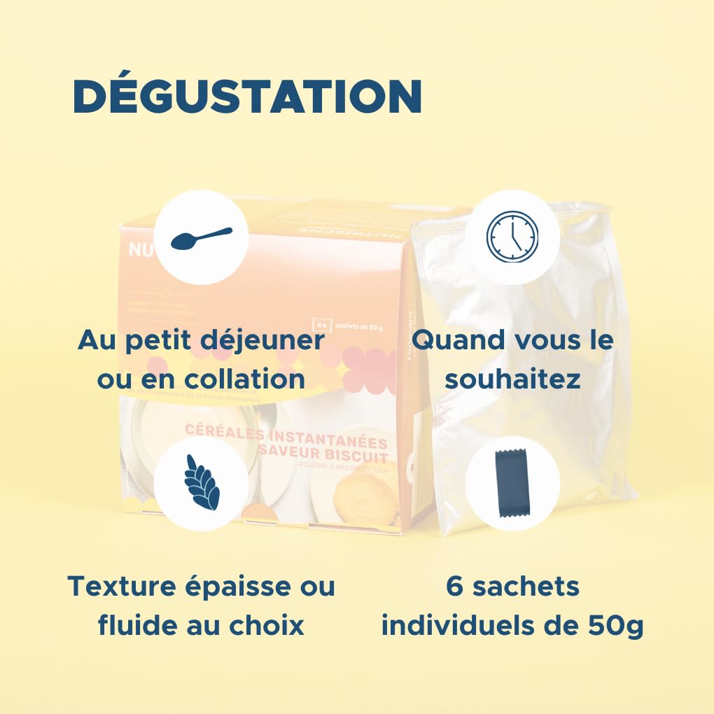 NUTRISENS - Porridge Protéiné - Saveur Biscuit - Sachets 50g | 27g de protéines / 100g - 12 vitamines et minéraux. Petit-déjeuner ou collation idéal pour sportifs, adultes et seniors.