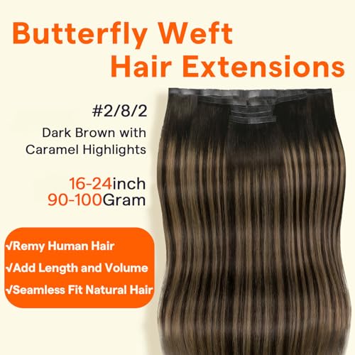 Image of Full Shine Butterfly Weft Human Hair Extensions 24 Inch 100g 5Pcs | Balayage Dark Brown Mix Ash Brown, Invisible Blend, Double Layer Weft, Thin Hair Transformation, Easy Wear & Remove