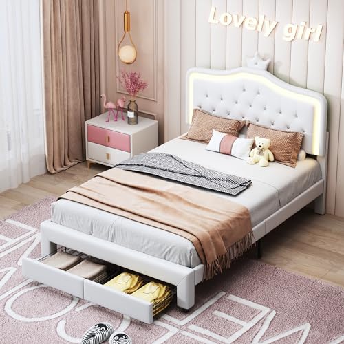 FUCMKON Cama infantil individual de 140 x 200, cama para niña, espacio de almacenamiento con cajones, cabecero ajustable LED y somier, corona de princesas, cama tapizada, sin colchón (blanco C, 140 x