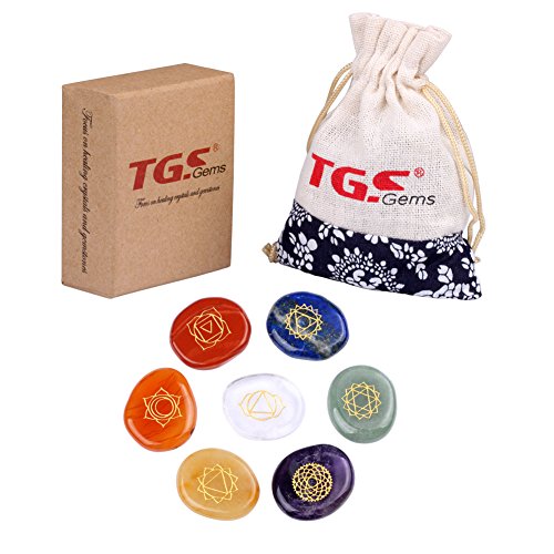 TGS Gems Reiki Chakra Stones with Chakra Case Stones with Engraved Symbols, Set of 7