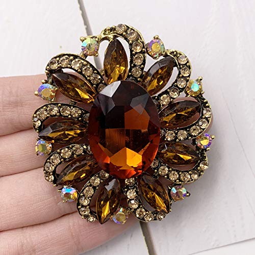 SELOVO Flower Rhinestone Statement Brooch Pin Accessory Antique Gold Tone2