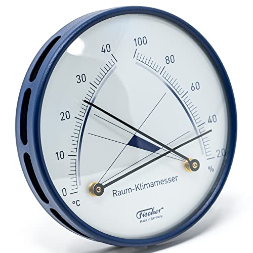 Fischer 142.48 - Raum-Klimamesser - 100mm Synthetic-Hygrometer und Bimetall-Thermometer Made in Germany - Edelstahl blau