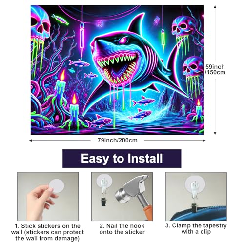 Image of BlissYard Blacklight Tapestry 78x59 Inch Neon Shark Glow in the Dark Wall Hanging Trippy Underwater Skull Scene UV Reactive Black Light Tapestry for Bedroom Party Dorm Decoration