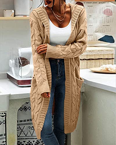 Image of Women Hooded Open Front Cardigan Cable Knit Chunky Long Sweater Coats