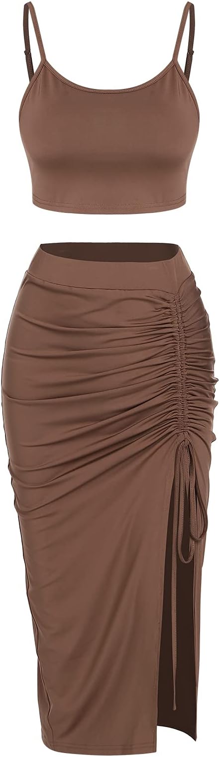 ZAFULWomen’s 2 Pieces Skirt with Crop Tank, High-Slit Twist Skirt Set Bodycon Dress for Party Club Nightout Cocktail, O-deep Coffee, Large