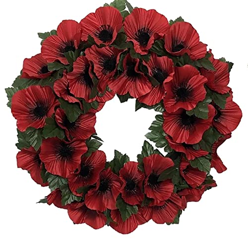 HOMESCAPES Artificial Poppy Wreath Red Poppies Remembrance Wreath with Faux Foliage 35 cm Wide