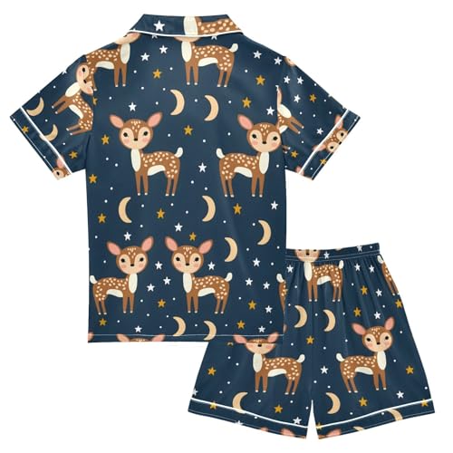 ALAZA Deer Star Moon Navy Blue Pajamas Satin Pajama Set Short Sleeve Button Down Sleepwear2