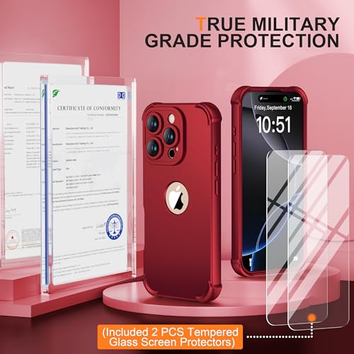 Image of ORETECH for iPhone 16 Pro Max Case with 2 x Screen Protector,Red | 3-in-1 Full Body Shockproof Design Smooth Texture,15FT Military Grade, Camera Lens Shield, with Armor Front Frame Protection