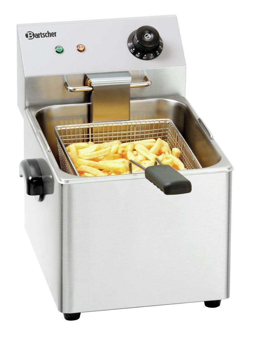 Bartscher Fritteuse SNACK III Elektro-Tischgerät aus Edelstahl, 8 l Beckenvolumen, 5,5 l Korb, für Gastronomie, manuelle Temperaturregelung, silbergrau
