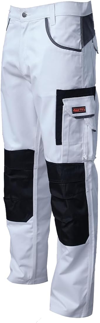 WrightFits Olympian Painters Trousers for Men - Decorators Workwear with Knee Pads Pockets - Combat Style in White 30W - 42W