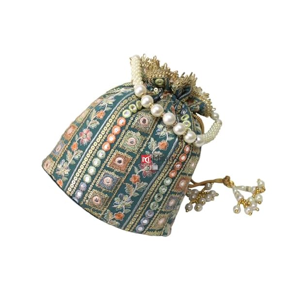 MILAN'S CREATION MultiColor Embroidery Potli Bag With Pearl Handle & Tassel Wedding Trendy Purse Women’s Handbag - Image 7