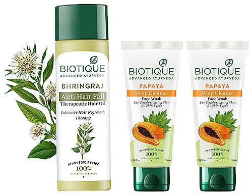 Image of Biotique Bio Papaya Visibly Ageless Face Wash, Pack of 2, 200 ml (2 x 100 ml) and Biotique Bio Bhringraj Therapeutic Hair Oil for Falling Hair Intensive Hair Regrowth Treatment, 200ml