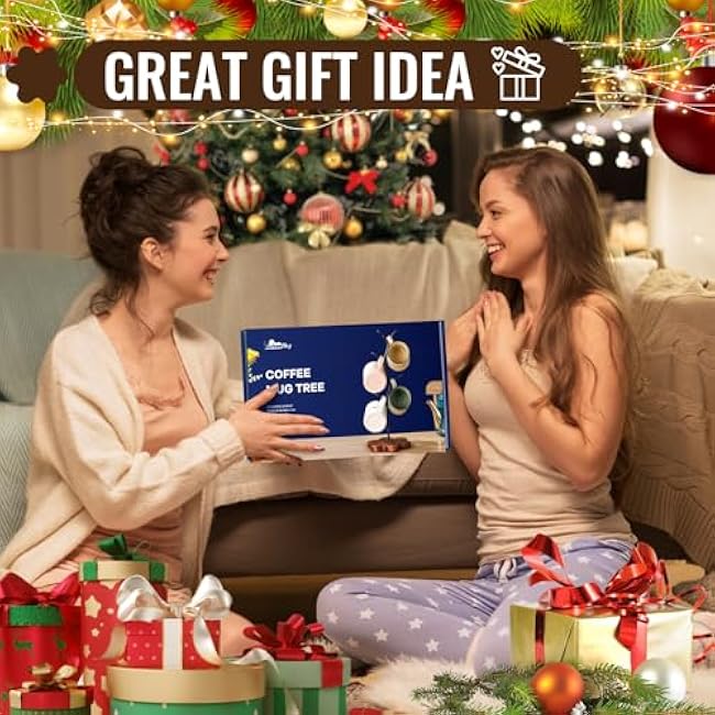 Coffee Mug Holder, Mug Tree for Counter, Leaf Shaped with Wooden Base, Mug Rack Countertop, Coffee Counter Bar Accessory & Kitchen Organizer