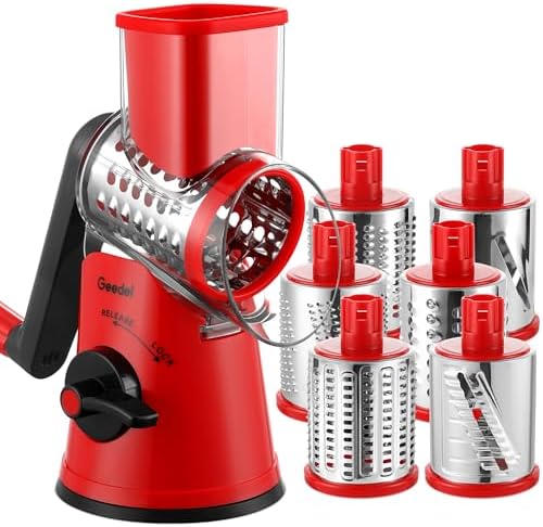 Geedel Käsereibe, Reibe für Gemüse, Gemüseschneider Trommelreibe mit kurbel | 6 Edelstahlklingen, 12x Schneller Schneiden, Starker Saugfuß, Spülmaschinenfest, Ergonomisches, No BPA