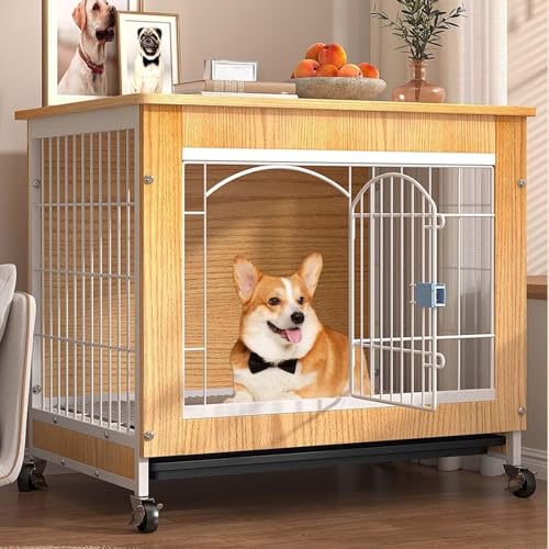 SRWE犬木製 犬 ペット 屋根付き キャスター 頑丈 インテリアウッディサークルしトレイ 広々としたテーブルトップ 移動便利 脱走防止 手入れ簡単 組み立てが簡単 室内飼い ハウス 小/中型犬 (イエロー,78*55*72cm)