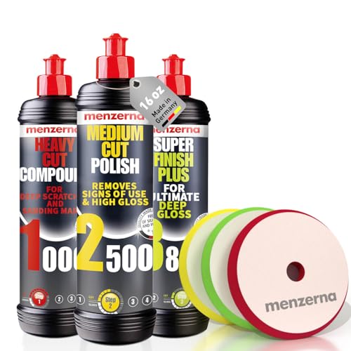 Image of Menzerna Polishing Set 16oz - HCC1000, MCC2500 & SFP3800 | 3-Step System incl. 3 Matching 6-Inch Pads for Scratch Removal, Swirl Elimination & Mirror-Like Finish