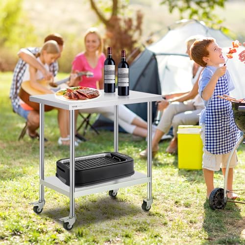 Image of VEVOR Stainless Steel Table 24 x 36 x 38 Inch, with 4 Wheels, 3 Adjustable Height Levels, Heavy Duty Food Prep Work Table for Commercial Kitchen Restaurant, Silver