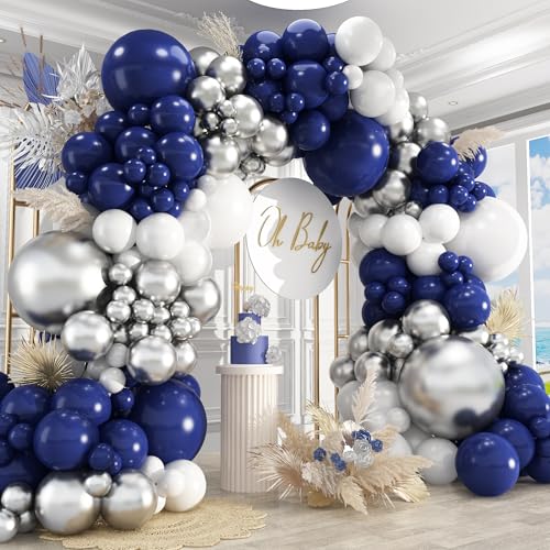 Image of 412Pcs Navy Blue and Silver Balloons Arch Garland Kit,5 10 12 18 inch Navy Blue White Silver Balloons for Birthday Wedding Graduation Anniversary Decorations