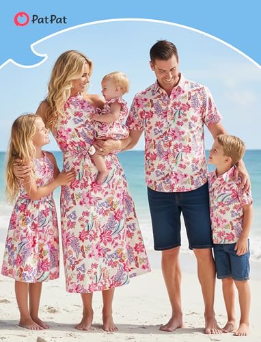 Image of PATPAT Family Hawaiian Matching Outfits - Mommy and Me Vacation Outfits | Halter Sundresses and Button Down Shirts,Caribbean Vacation Summer Tropical Outfits,Hawaiian Boho Tropical Floral Printed
