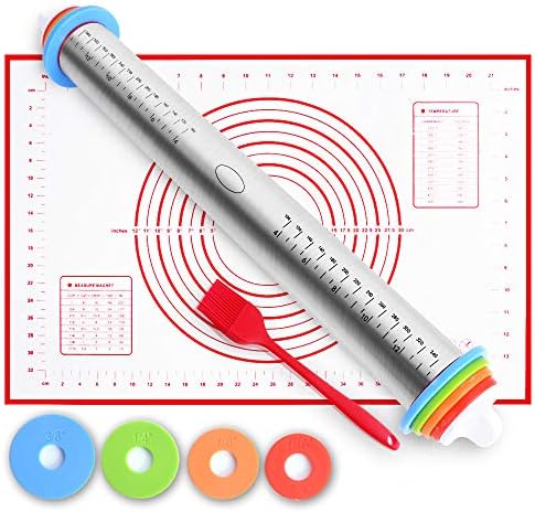 SZUAH Adjustable Rolling Pin, Stainless Steel Roller Pin with Thickness Rings,Pastry Mat and Oil Brush for Baking.