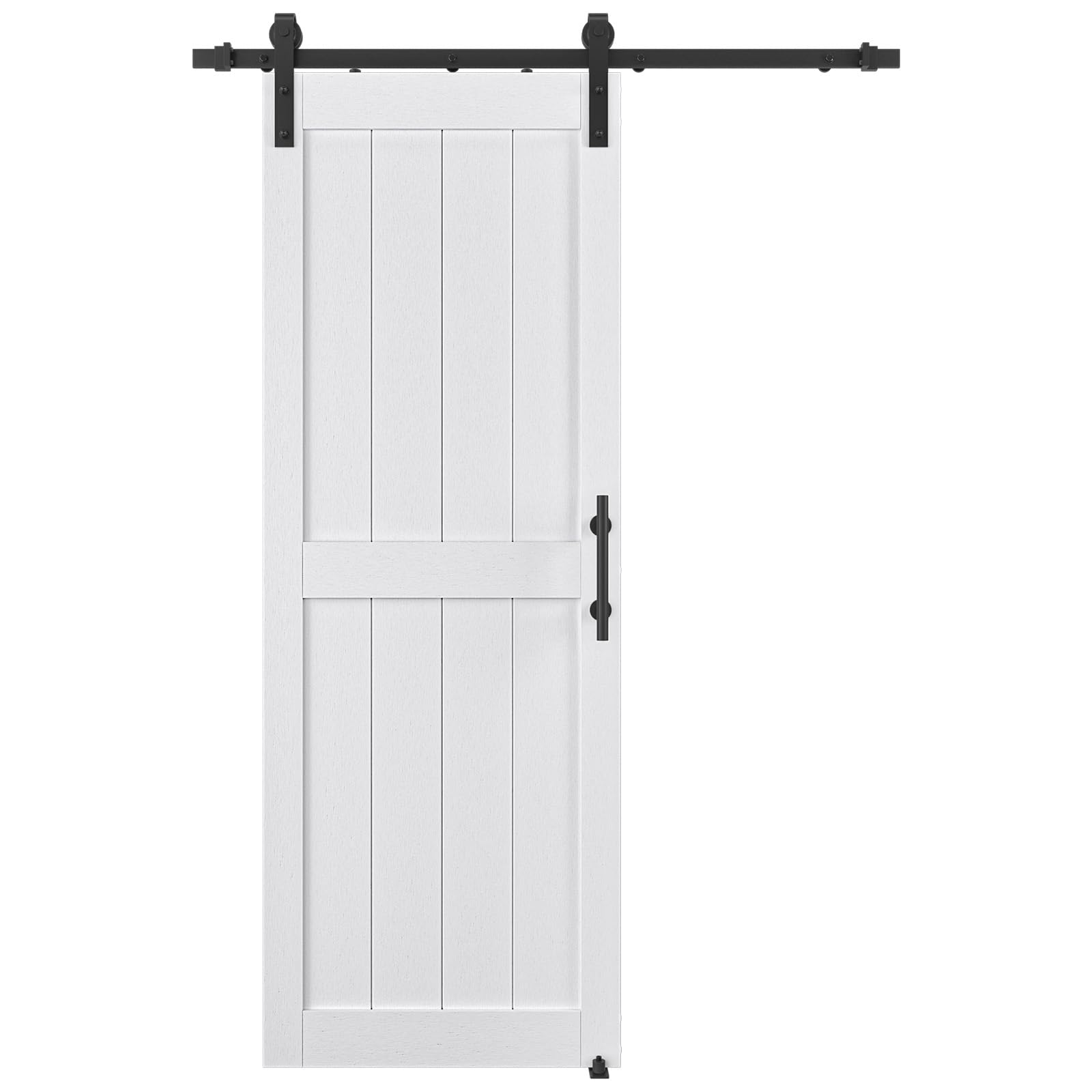 32in x 80in mdf sliding barn door with 6ft barn door hardware kit & handle, pre-drilled holes easy assembly -covered with water-proof pvc surface, white, h-frame