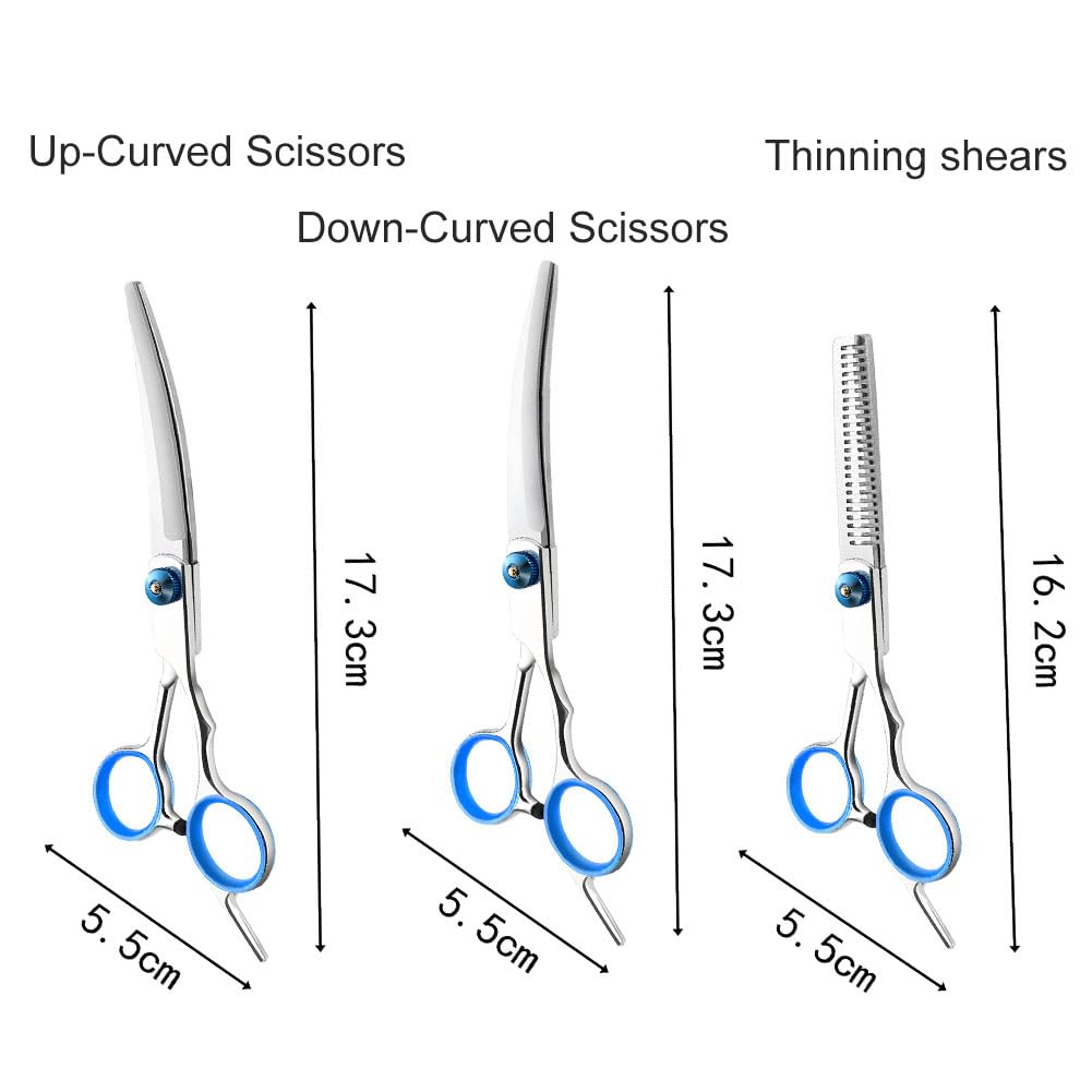 Bavooty Dog Grooming Scissors,Dog Grooming Scissors Set,Pet Curved Groomings Shears,Stainless Steel Pet Grooming Kit,Thinning Shear,Down/Up Curved Scissor,Hair Cutting,for Dogs Cats Pets(3pcs,Blue) - Image 2