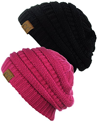 C.C Trendy Warm Chunky Soft Stretch Cable Knit Beanie Skully, 2 Pack Black/Hot Pink