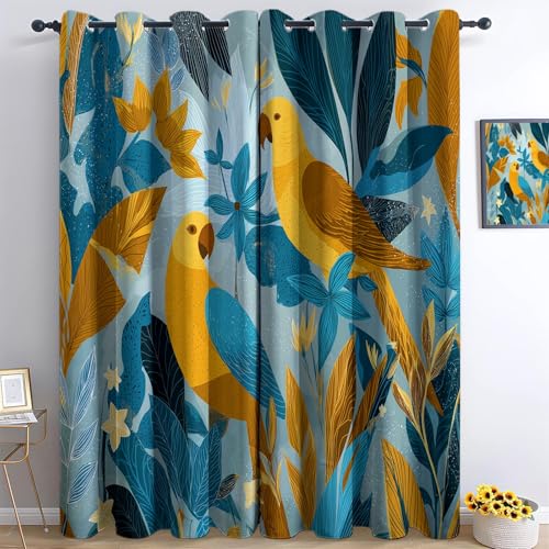 Azul Cortinas Opacas 117 x 137 cm Ilustración Digital Pájaros Hojas – Cortinas de Tela Gruesa y Suave, Aislantes Térmicas para Salón, Oficina o Habitación, 2 Piezas