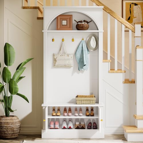 Image of Tribesigns Hall Tree with Bench and Shoe Storage, 4-in-1 Design Entryway Bench with Coat Rack, 70.86 inch Tall Mudroom Rack with 5 Double Hooks and Adjustable Shelf for Hallway (White)