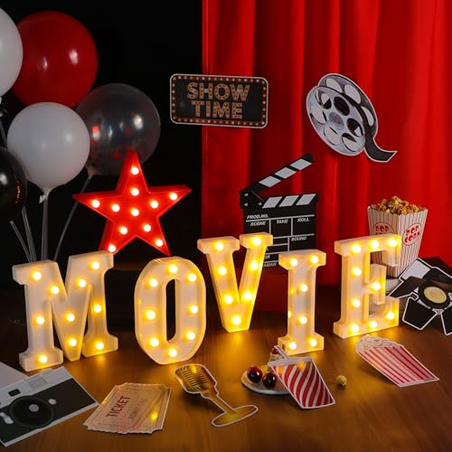 Image of 16 Pcs Movie Theater Decor Movie Night Party Decorations 8.6 inch Light up Letters Sign Film Clapper Board Marquee Star Sign Party Cards Props for Nigh Theater Table Centerpieces Supplies