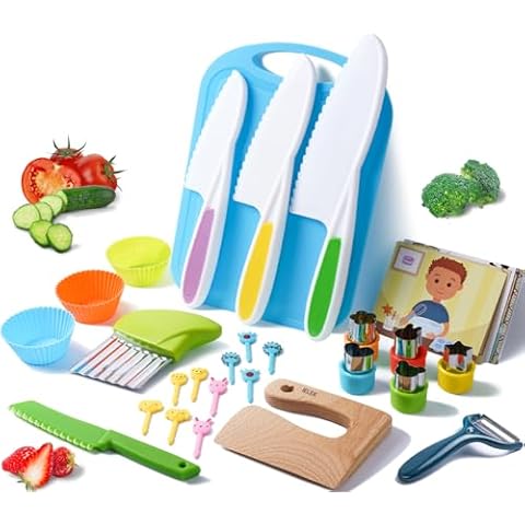 Kids Safe Knives Set, 30 Pieces Kids Wooden Kitchen Knife Kits for Real Cooking with Cutting Board, Peeler, Potato Slicer, Fruit Cutters Shapes and Fork Picks, Dishwasher Safe Cover
