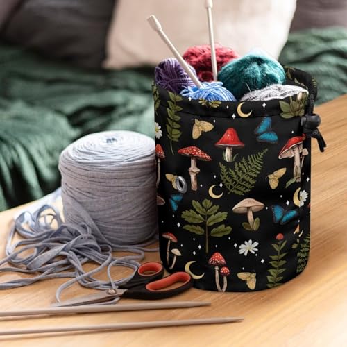 Image of Sellikakes Mushroom Butterfly Moon Yarn Storage Organizer with Drawstring, Crochet Storage Bag Yarn Holder for Crocheting Project Accessories, Knitting Needles