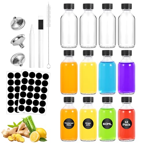Yokuni 12 X Mini Botellas De Cristal 60ml, Botellitas Pequeñas Para Rellenar Embudos, Etiquetas Y Bolígrafo, Shots Botellitas Set Para Mermeladas Caseras, Especias, Favores De Boda Y Fiestas