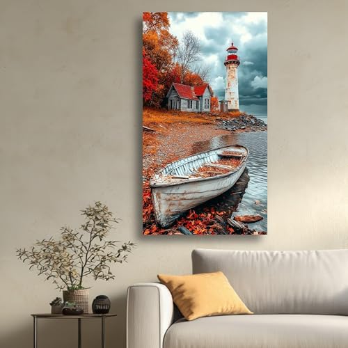 Toile paysage automnal lac et phare déco vintage 70x110 cm