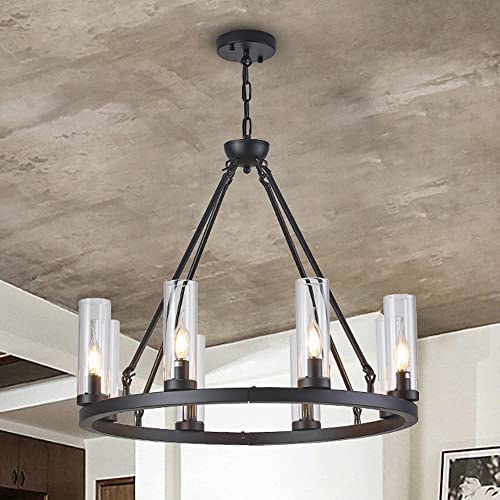 Lustres légers noirs/or de style roue de wagon avec des nuances en verre raffinées