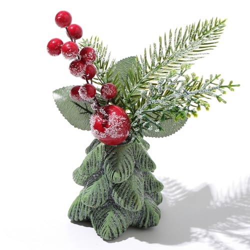 Plantas en macetas artificiales de Navidad, Decoración de cemento de Navidad en maceta, Santa Bear muñeco de nieve pequeña maceta falsa artificiales con agujas de pino bayas rojas centros de mesa (E)