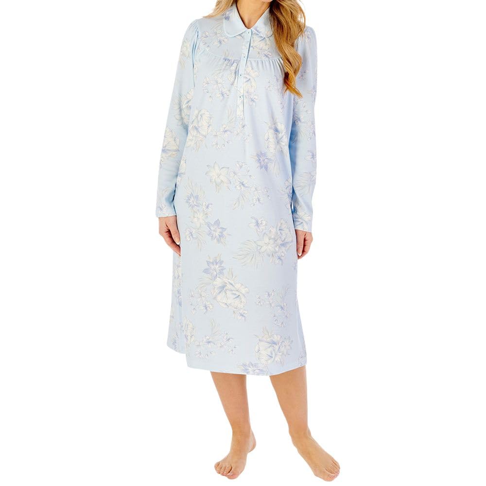 Slenderella Women's Blue Lilly Long Sleeve Collared Cotton 45 Inch Nightdress (16/18, )