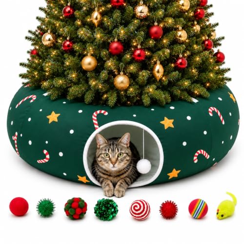 Image of Cat Tunnel Bed in Christmas Style with Star, Crutches Candy, and Snowflakes Patterns - 3FT x 3FT x 9.8 INCH Size Green Decorative for Festive Felines