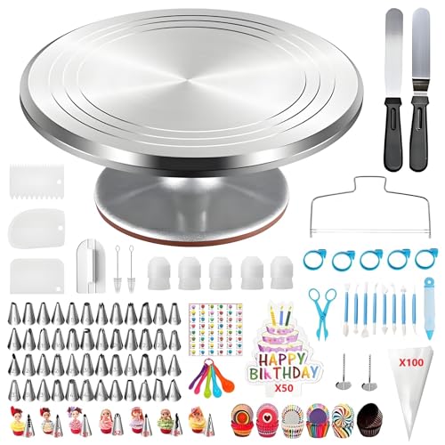 ANSLYQA 393 Pcs Cake Decorating Kit, with Aluminium Alloy Cake Turntable,48 Numbered Icing Tips,7 Numbered Korean Skirt Piping Tips,2 Spatulas,3 Comb Scrapers,100 Pastry Bags,150 Paper Cupcake Liners