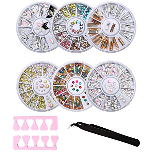 AUDTOPE Nail Kit Nail Art,6 Boxes Nail Art Rhinestones Kit Nails with Free Gift Tweezers and Finger Toe Separator for Nail Art Decorations Supplies,A