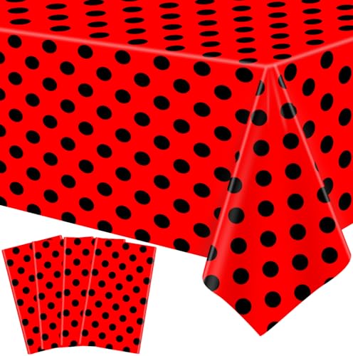 Lot de 4 nappes rectangulaires à pois rouges et noirs à pois - Nappe rectangulaire en plastique pour cuisine, salle à manger, mariage, fête, 130 x 201 cm