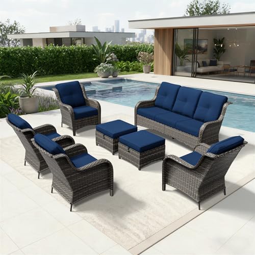 Image of Joyside 7 Piece Wicker Patio Furniture Set, Rattan Patio Chairs with High Back, Deep Seating, Wide Armrest, Thickened Cushions, Outdoor Furniture for Deck, Porch Use