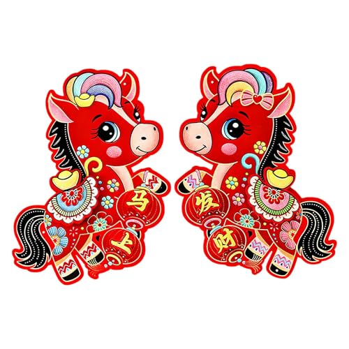 Chino Año Nuevo Horse Stickers - 2 piezas Horse Window Decal,3D Flocking Chinese New Year Door Stickers | para Wall Festival Party Closet Living Room Bedroom Entryway Store