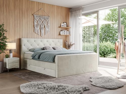 MKS MEBLE King Boxspringbett 180x200, Polsterbett 180x200 mit Bettkasten, Bett 180x200 mit Multipocket-Matratze H4, Boxspringbett 180x200 mit Kopfteil und Topper - H4 Beige Velvet - Velen