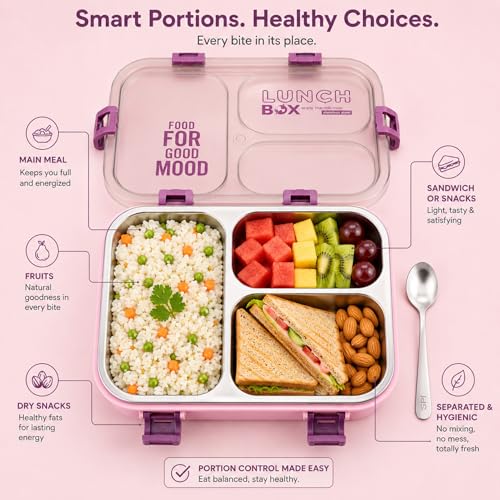 Image of Stainless Steel Lunch Box with 3 Compartments Leak Proof Airtight Lid BPA Free Food Storage Container Durable Portable Bento Tiffin for Kids Adults Office School Picnic (Light Pink)