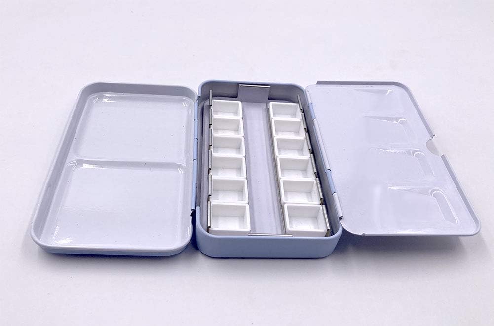 Aliotech Travel Artist Empty Watercolor Tins Box Palette Paint Case,Small Colorful Tin with 12 Pcs Half Pans (Fog Blue)