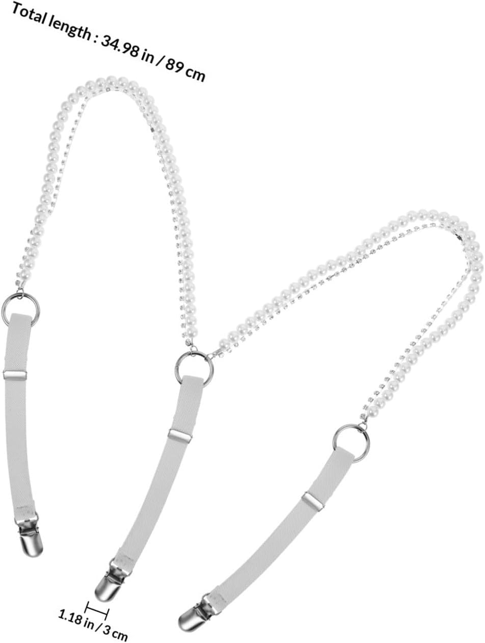 ORFOFE Adjustable Pearl-decorated Underclothes Suspenders for Women Pants with Elastic Comfort and Triple-clip Design, Trendy White Back Suspenders for Parties and Daily Wear