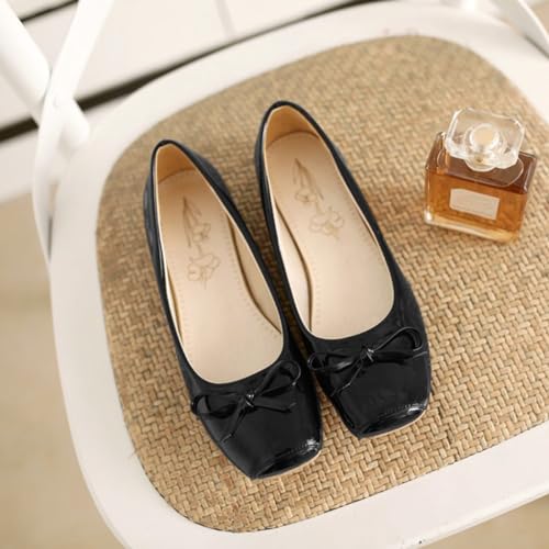 Women's Girls Bowtie Ballet Flats Square Toe Comfort Slip On Patent Leather Ballerina Dress Walking Shoes3