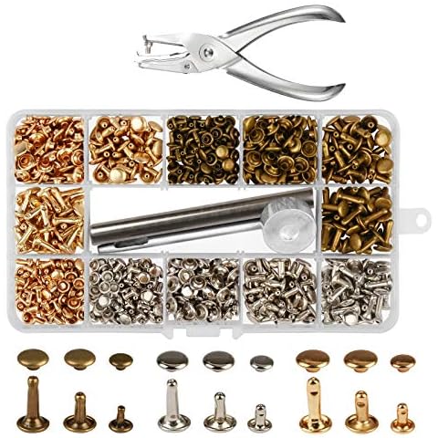 KAKOO 300 Sets 3 Sizes Leather Rivets Double Cap Rivet Buttons Press Studs with Pliers and 3 Pieces Fixing Set Tools for Rivets Replacement DIY Craft Repairing Decoration (Leather Rivets) Cover